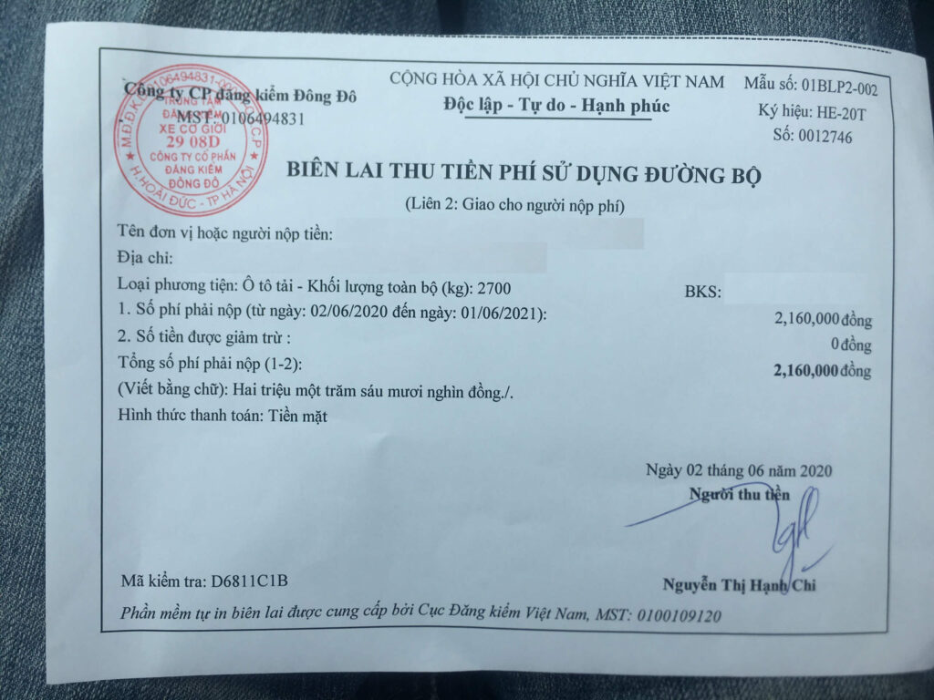 Biên lai thu phí đường bộ 
